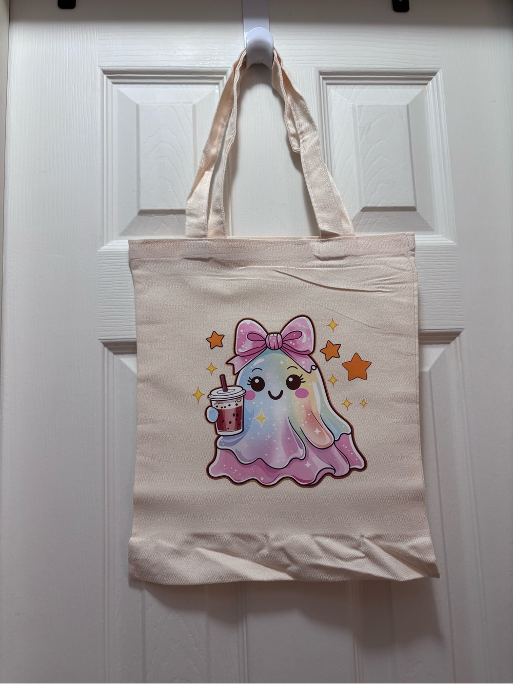 Cute Pastel Ghost Tote Bag with Bubble Tea Graphic Girly Ghost with Fall Vibes